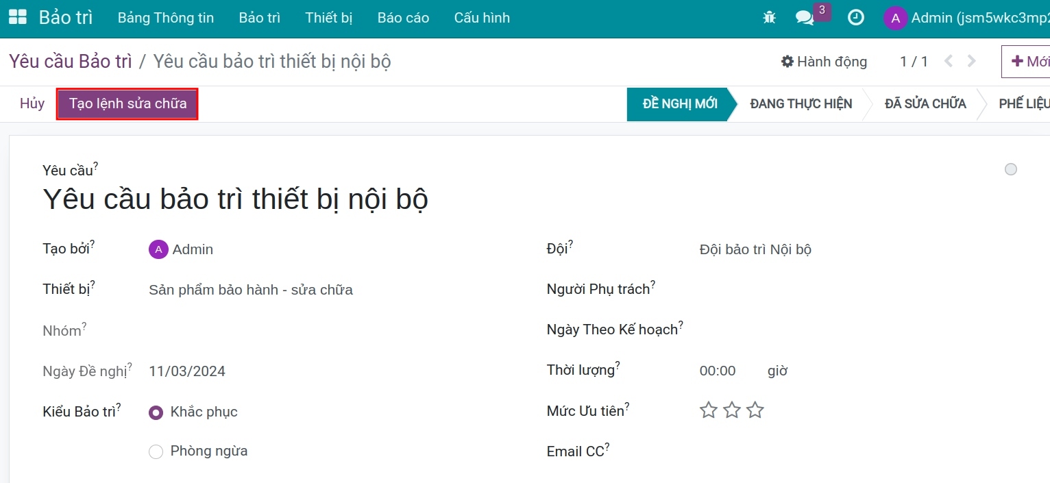 Tạo lệnh sửa chữa từ Yêu cầu bảo trì