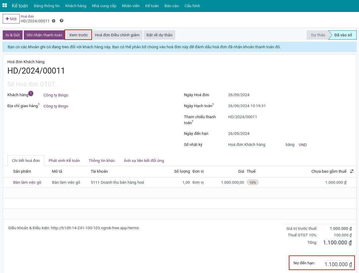 Xem trước hóa đơn thanh toán online - Phần mềm kế toán Viindoo