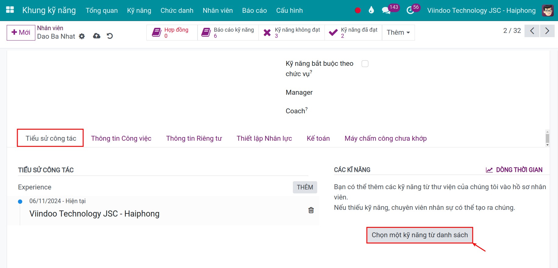 Tạo hồ sơ kỹ năng cho nhân viên trong Viindoo