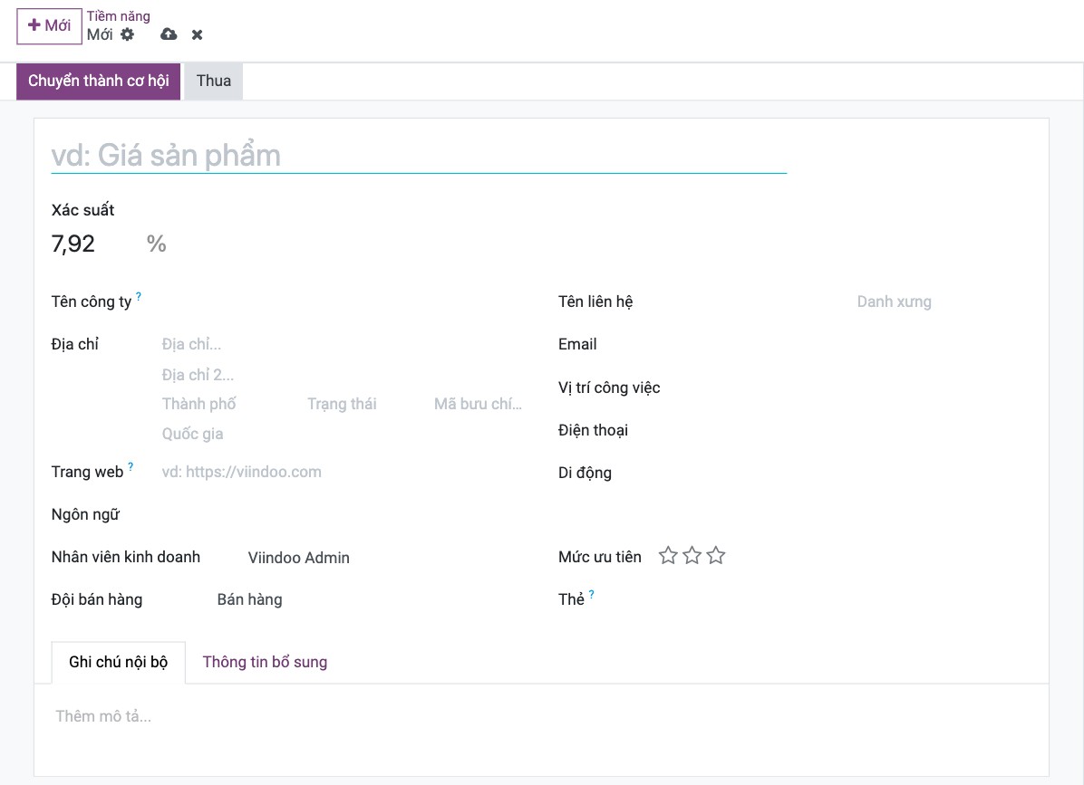 Form tiềm năng trống trong ứng dụng CRM Viindoo