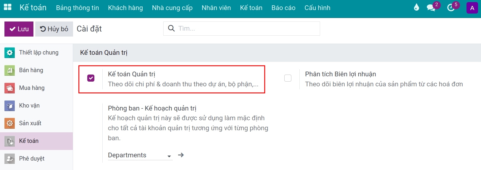 Thiết lập kế toán Quản trị Viindoo