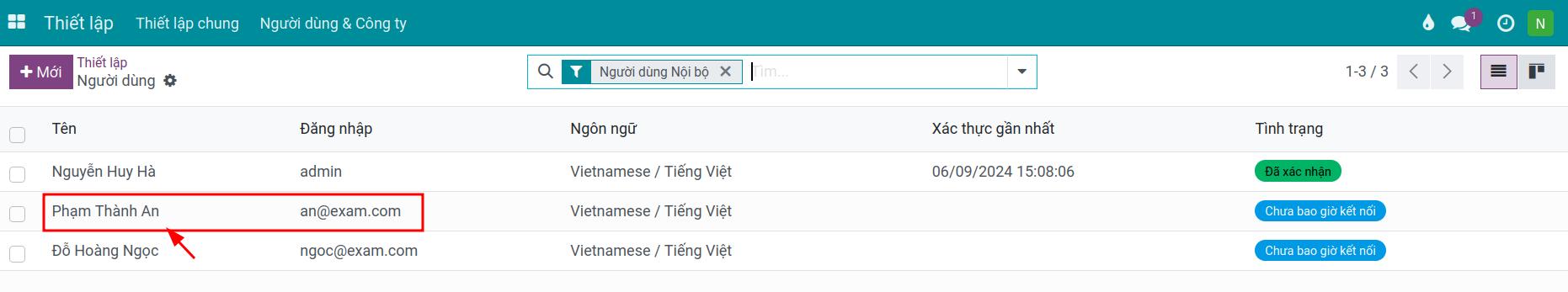 Lựa chọn người dùng muốn phân quyền trên Viindoo