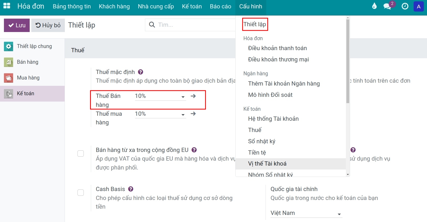 Thiết lập thuế mặc định cho bán hàng - Viindoo Accounting