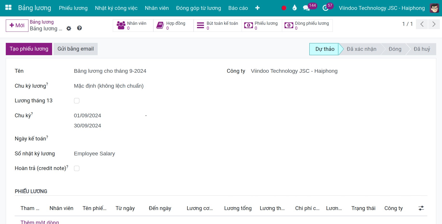 Thông tin bảng lương - Phần mềm quản lý tính lương Viindoo