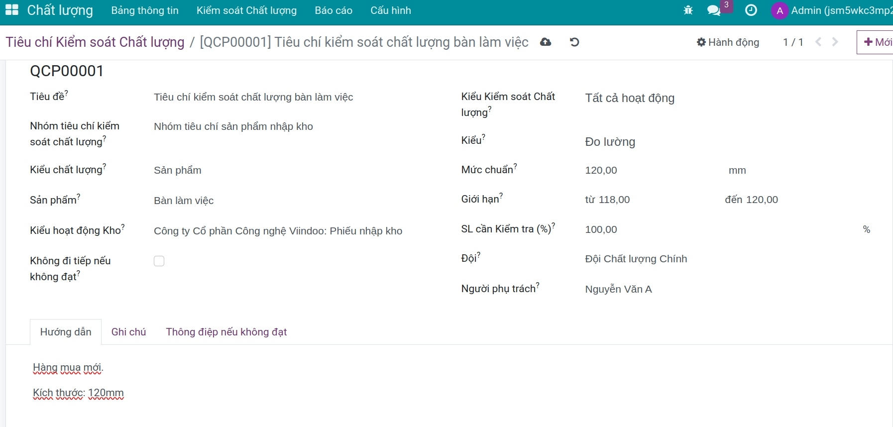 Tạo tiêu chí kiểm soát Chất lượng