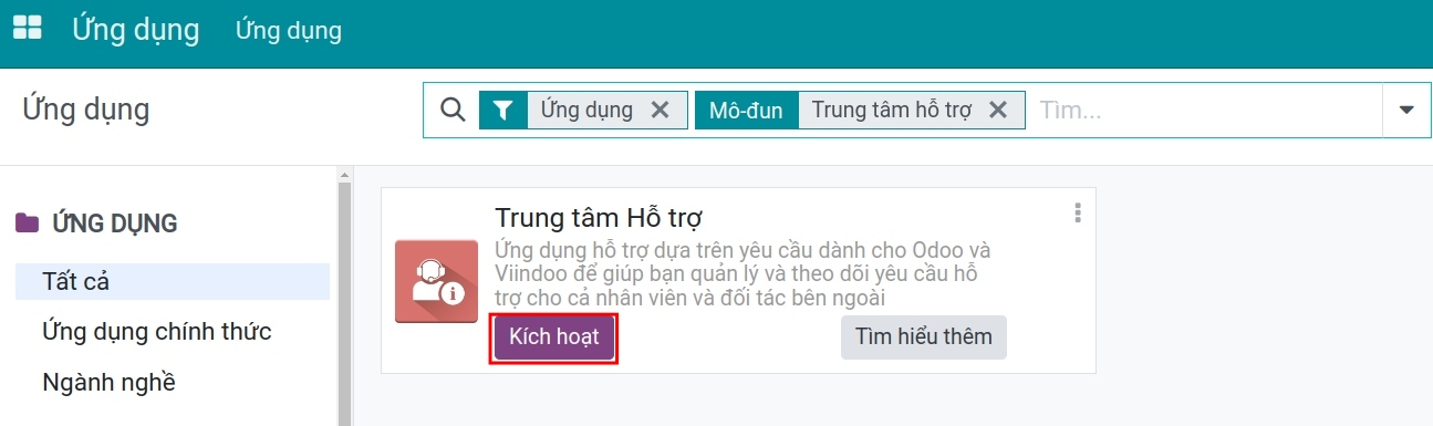 Kích hoạt Ứng dụng Trung tâm Hỗ trợ tại phần mềm Viindoo