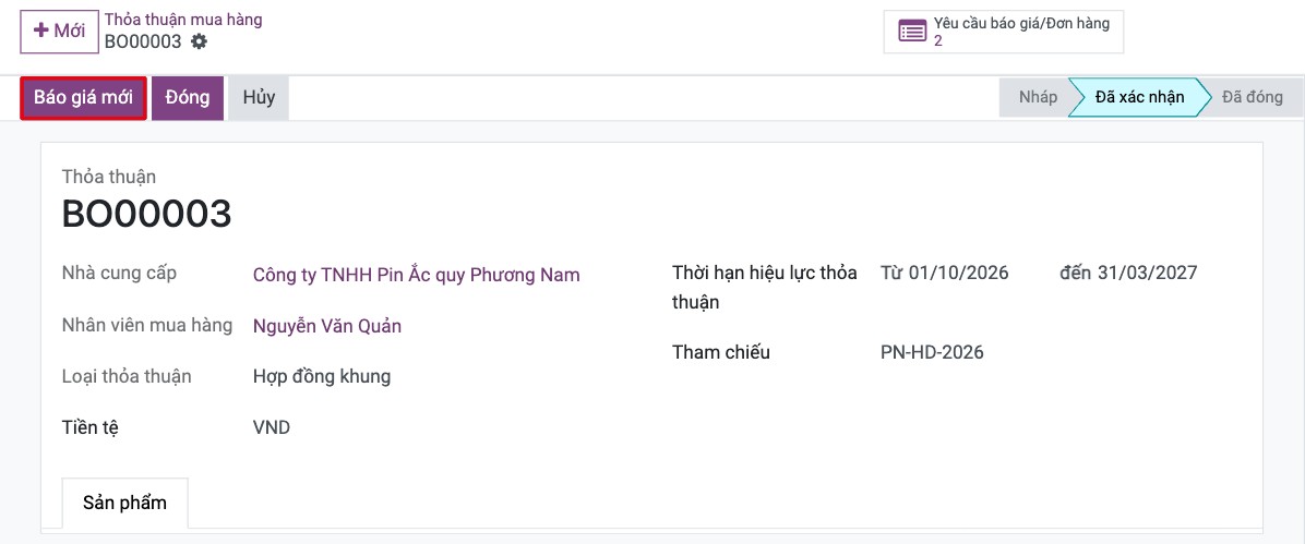 Nút Báo giá mới trên hợp đồng khung đã xác nhận
