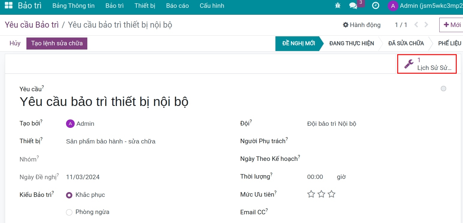 Ấn nút Lịch sử sửa chữa
