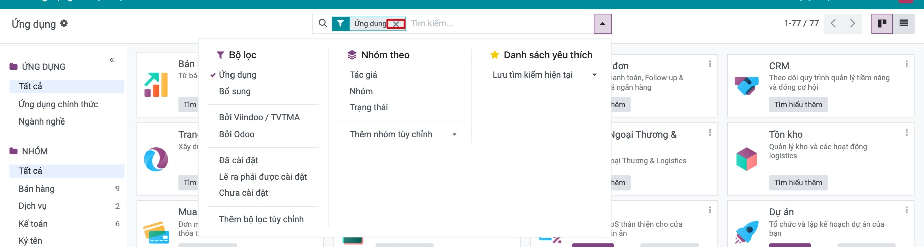 Bộ lọc Ứng dụng trên thanh tìm kiếm của menu Ứng dụng Viindoo, cùng các bộ lọc khác