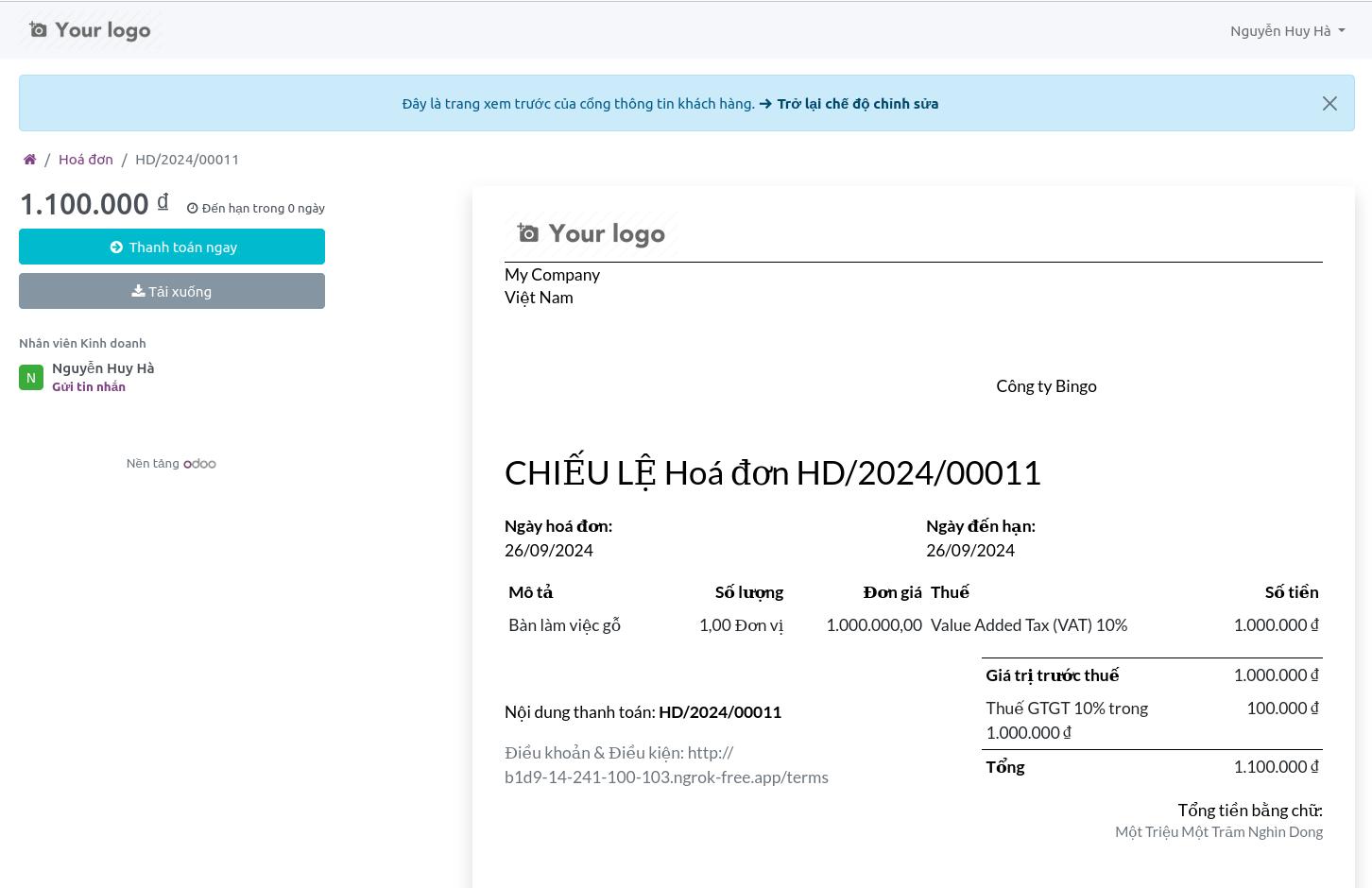Giao diện hóa đơn thanh toán online - Phần mềm kế toán Viindoo