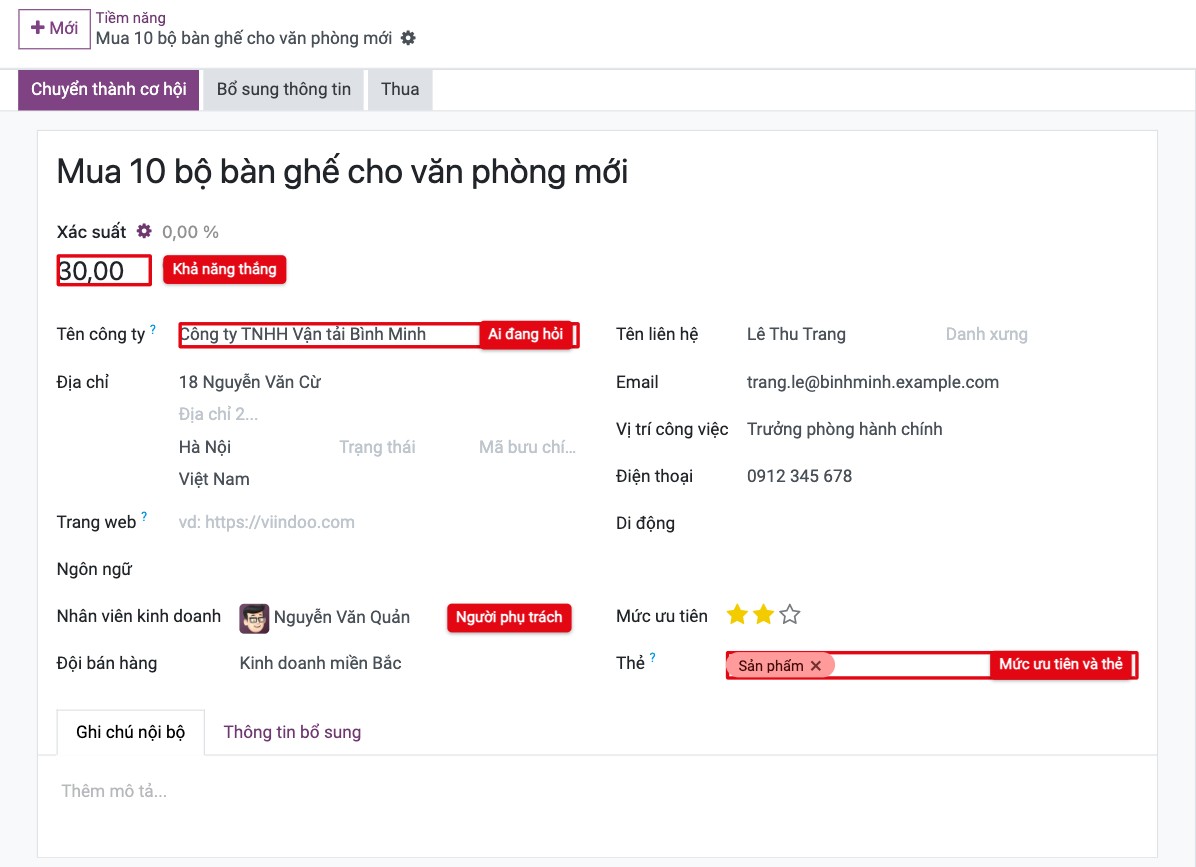 Form tiềm năng với xác suất, thông tin liên hệ, nhân viên kinh doanh, đội bán hàng, mức ưu tiên và thẻ