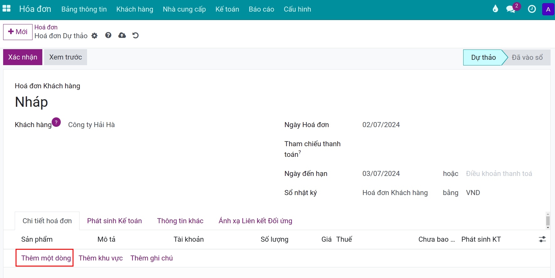 Thông tin hóa đơn - Phần mềm kế toán Viindoo