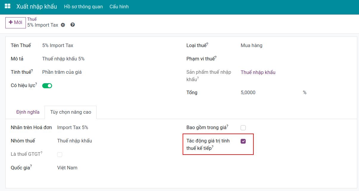 Kích hoạt tác động giá trị tính thuế thuế nhập khẩu - Xuất nhập khẩu Viindoo