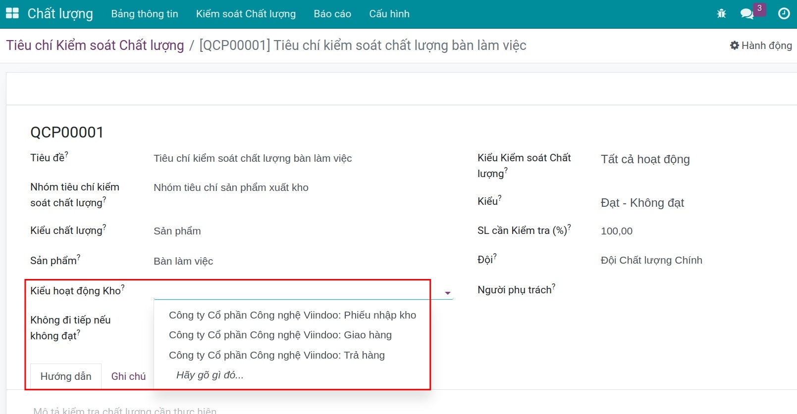 Các kiểu hoạt động kho trên ứng dụng kiểm tra chất lượng.