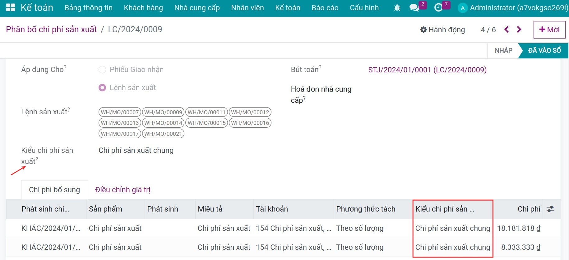 Sử dụng các loại chi phí sản xuất trên các lệnh phân bổ chi phí