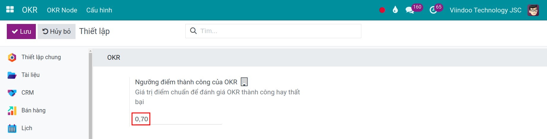 Thiết lập ngưỡng điểm thành công mặc định trên Viindoo OKR