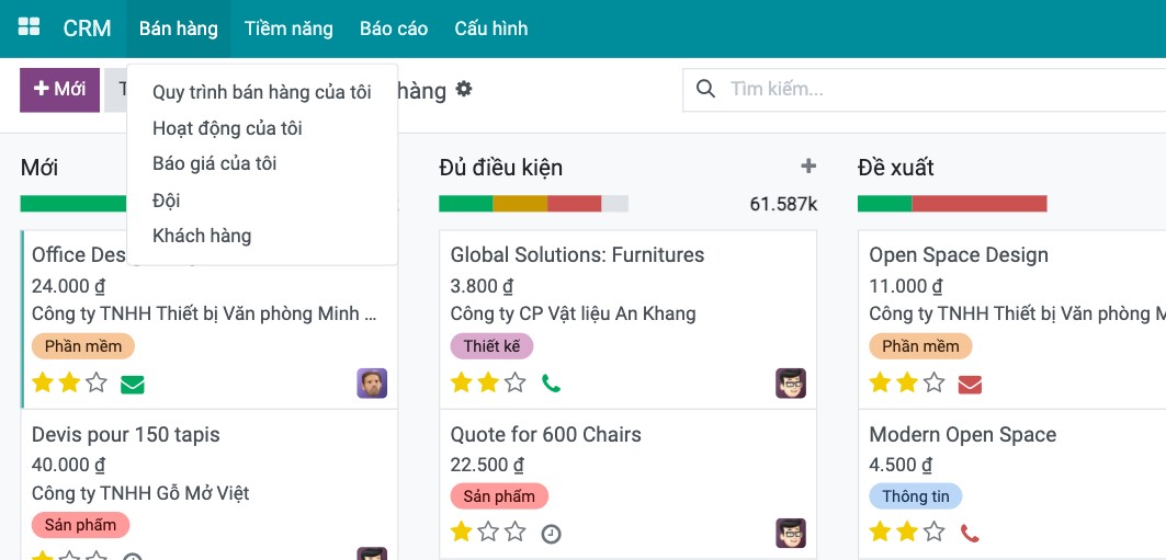 Menu Bán hàng của ứng dụng CRM Viindoo với Quy trình bán hàng của tôi, Hoạt động của tôi, Báo giá của tôi, Đội và Khách hàng