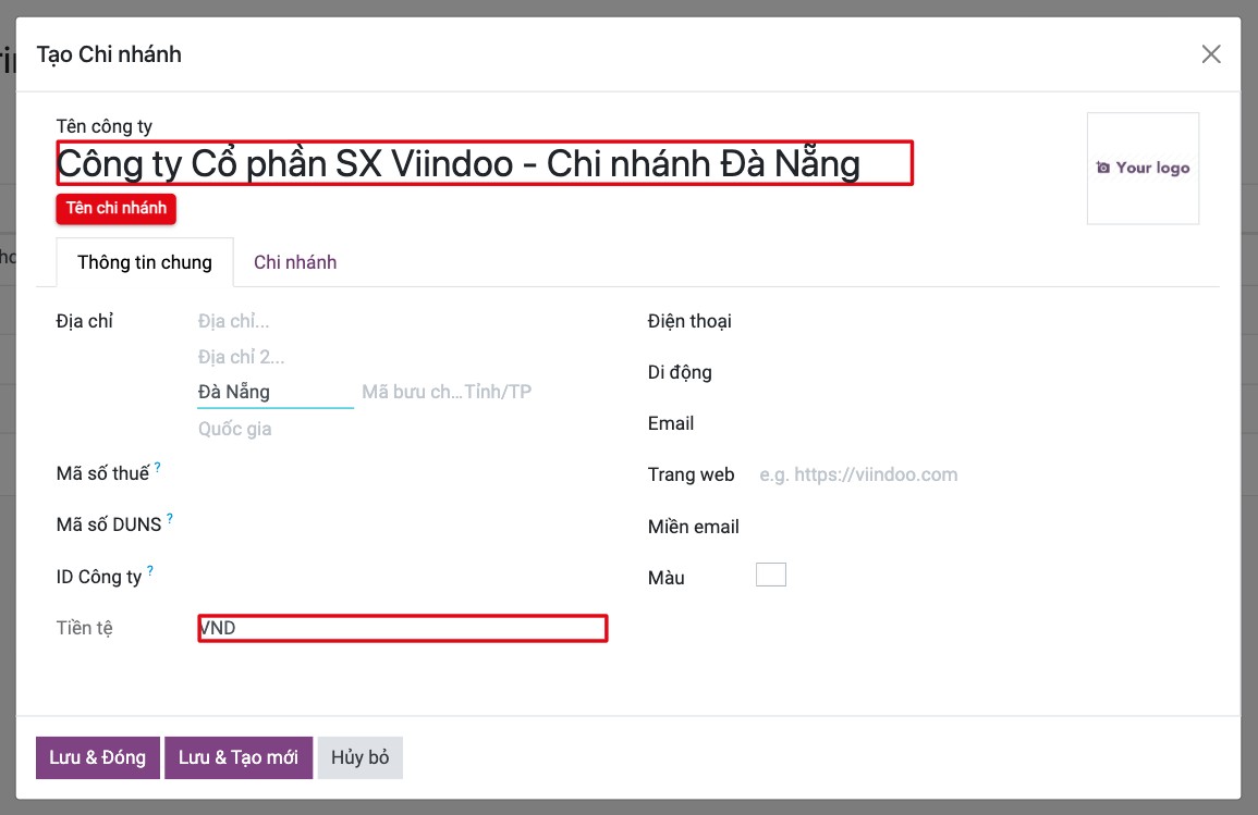 Cửa sổ Tạo chi nhánh với tên chi nhánh và tiền tệ lấy theo công ty mẹ