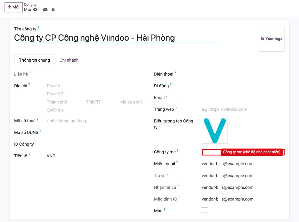 Ô Công ty mẹ trên form công ty mới ở chế độ nhà phát triển