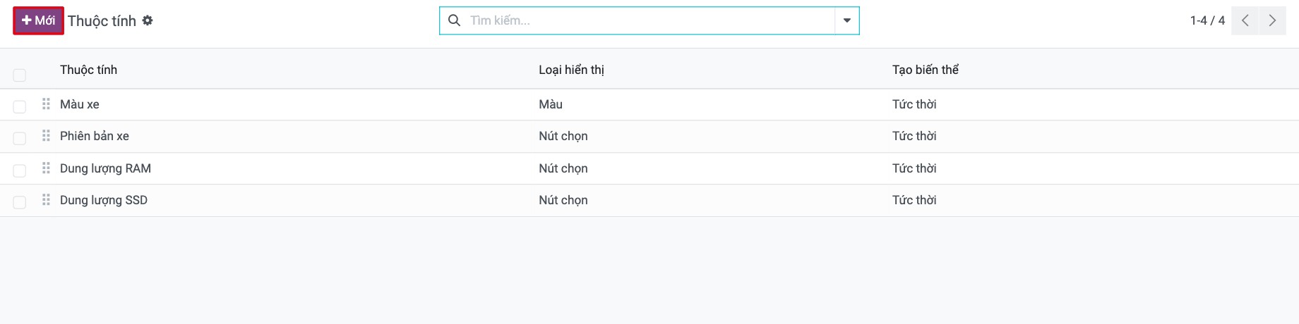 Danh sách thuộc tính sản phẩm với loại hiển thị và chế độ tạo biến thể
