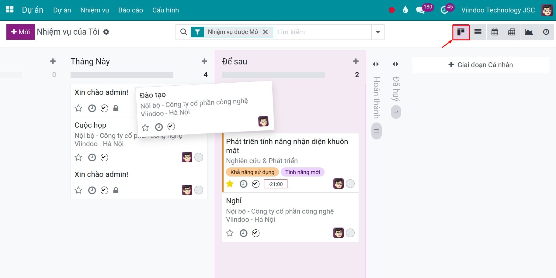 Nhiệm vụ trên Kanban - Dự án Viindoo