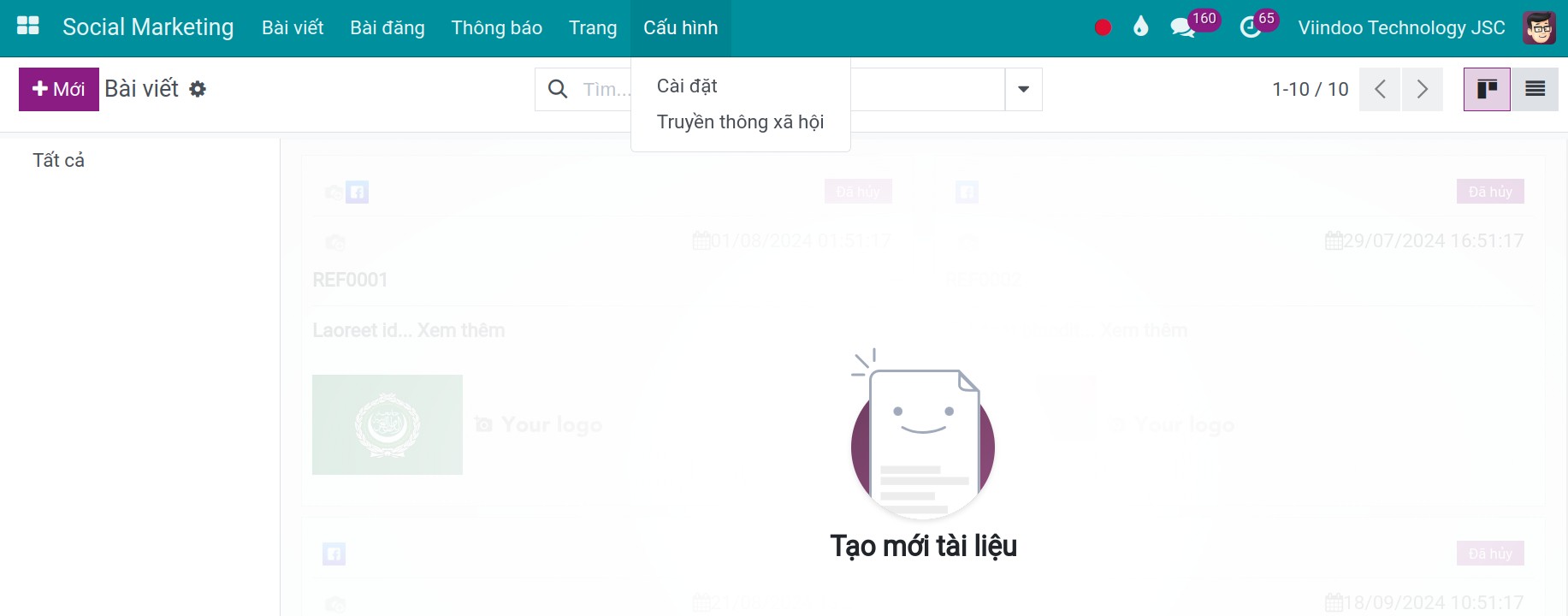 Các menu khi truy cập ứng dụng Tích hợp mạng xã hội