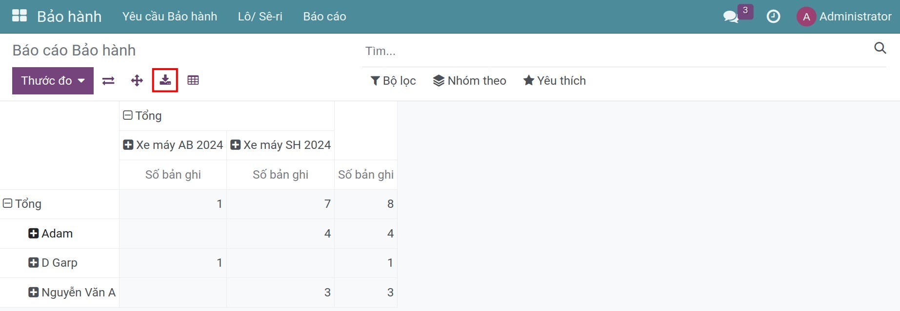 Tải báo cáo bảo hành dạng excel