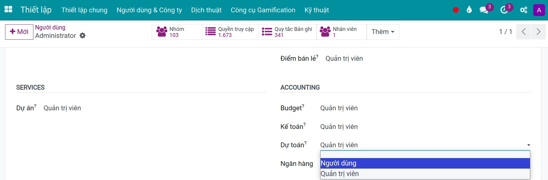 Quyền truy cập ứng dụng Dự toán trong Viindoo
