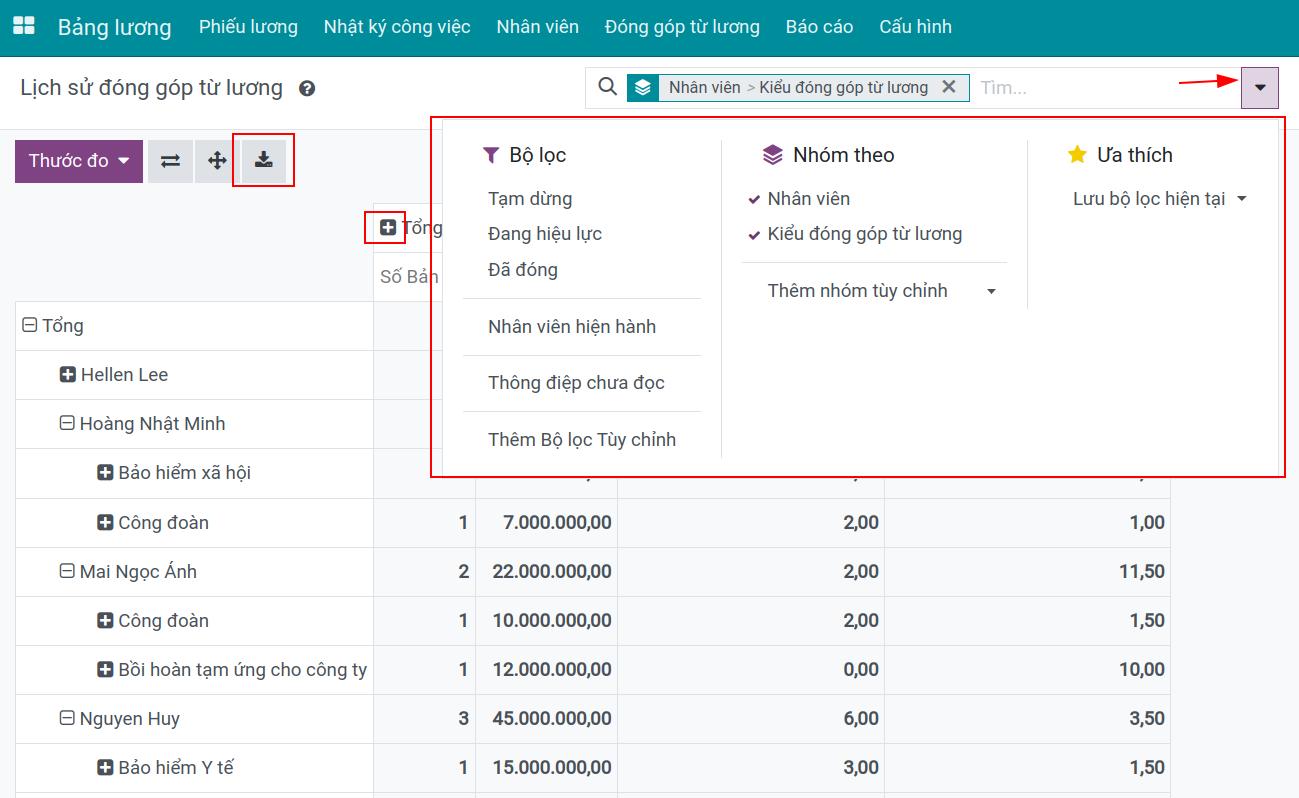Báo cáo lịch sử đóng góp từ lương dạng pivot - Kế toán lương Viindoo