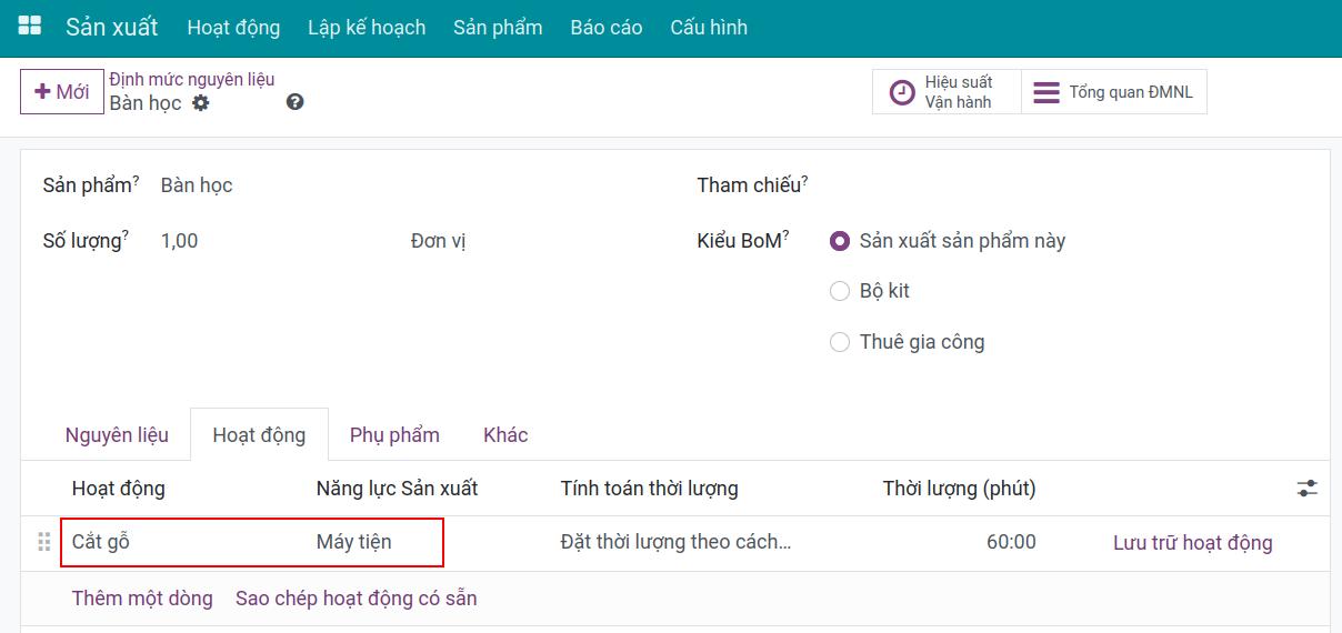 Cấu hình Định mức nguyên liệu với năng lực sản xuất thay thế