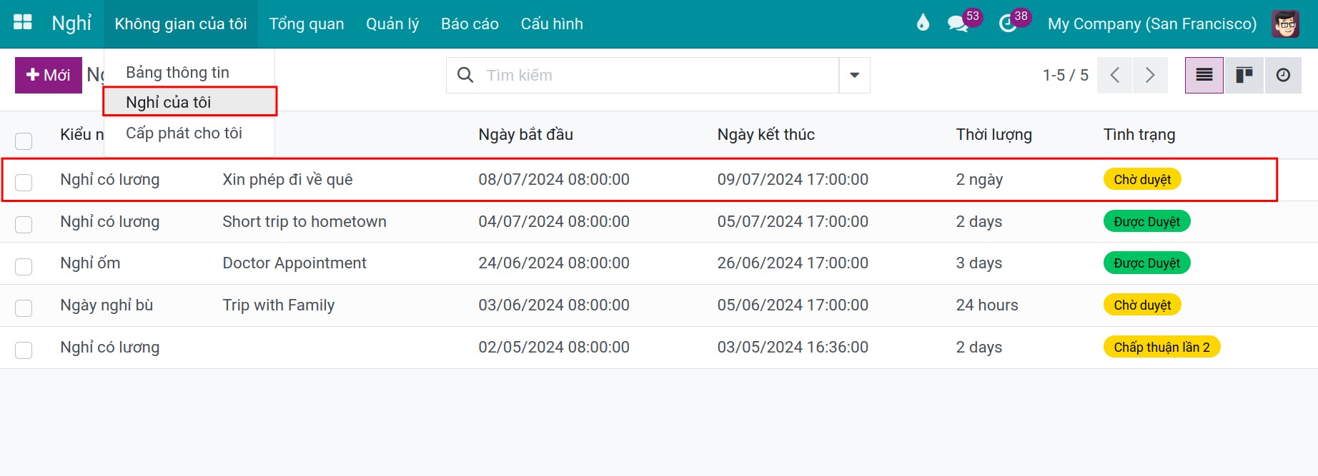 Xem danh sách phiếu nghỉ của mình tại ứng dụng nghỉ phép Viindoo