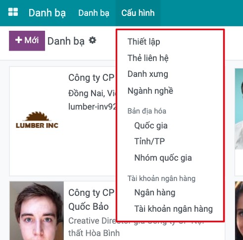 Menu Cấu hình của ứng dụng Danh bạ