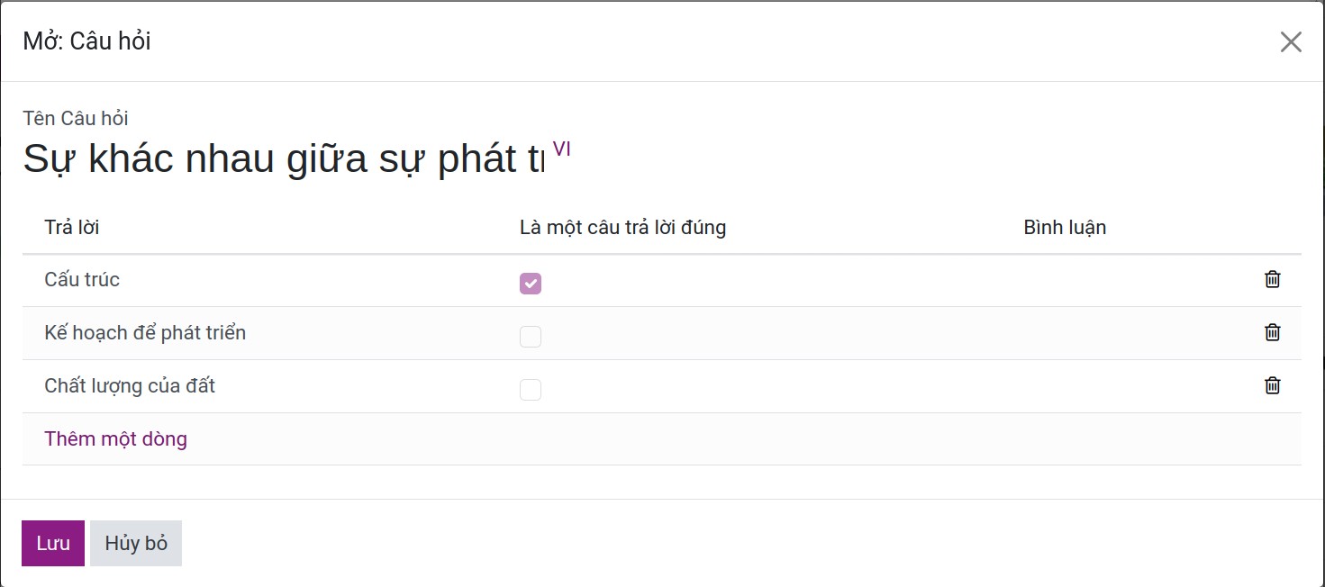 Câu trả lời kiểm tra