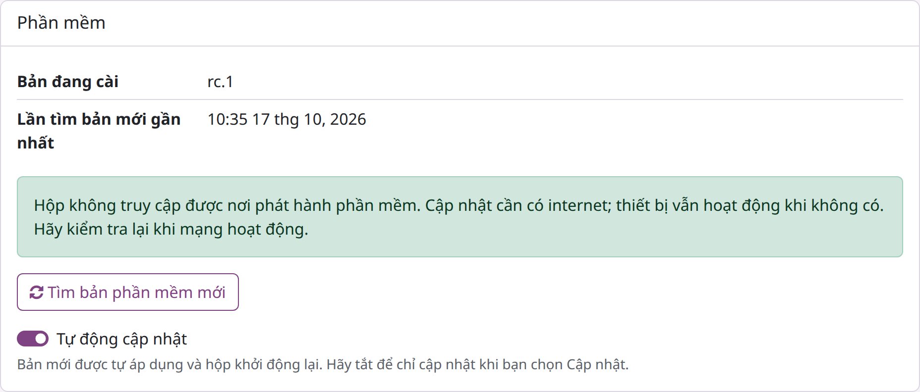 Mục Phần mềm của trang hộp với bản đang cài, lần tìm bản mới gần nhất, nút Tìm bản phần mềm mới và nút bật tắt Tự động cập nhật