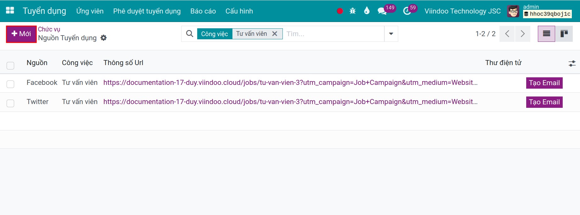 Tạo email cho nguồn ứng viên