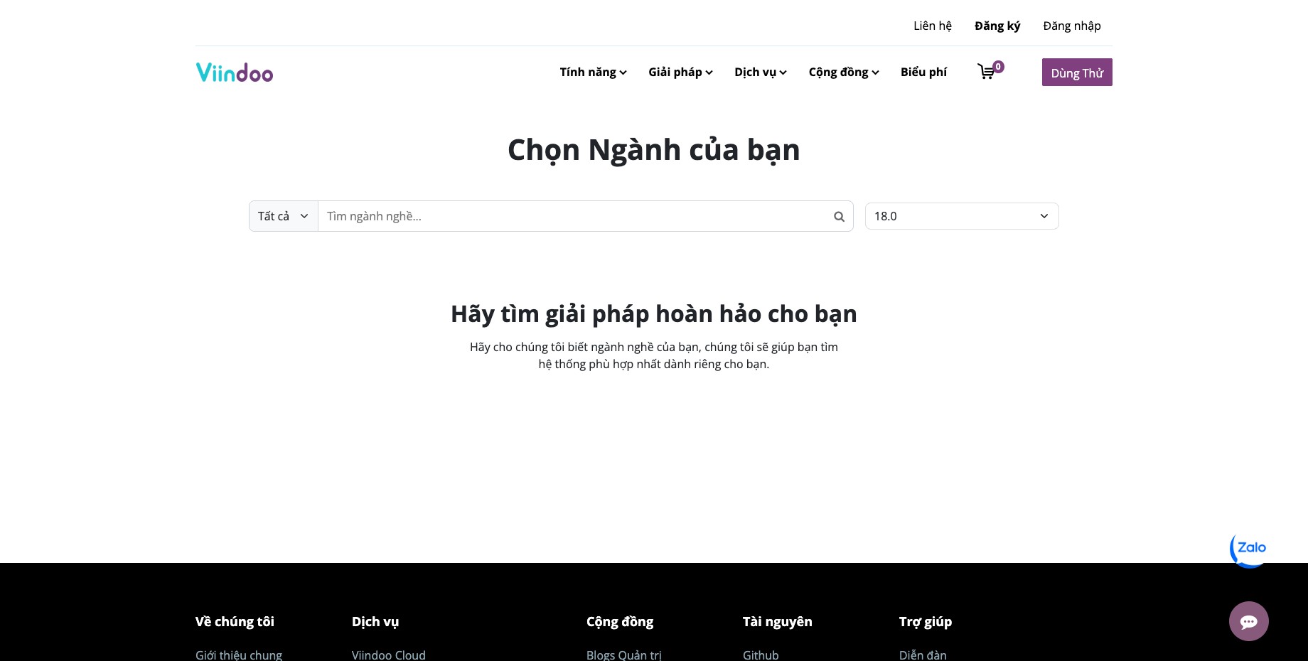 Trang Chọn Ngành của bạn với ô tìm ngành nghề và phiên bản Viindoo