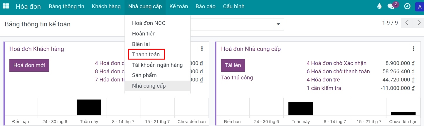 Truy cập thanh toán từ menu Nhà cung cấp.