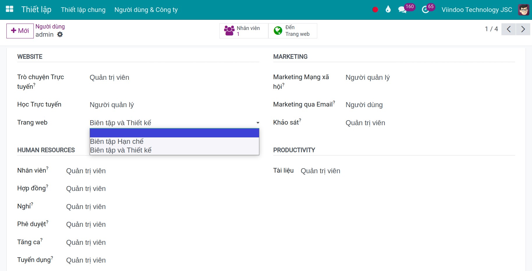 Phân quyền người dùng cho ứng dụng Viindoo Website
