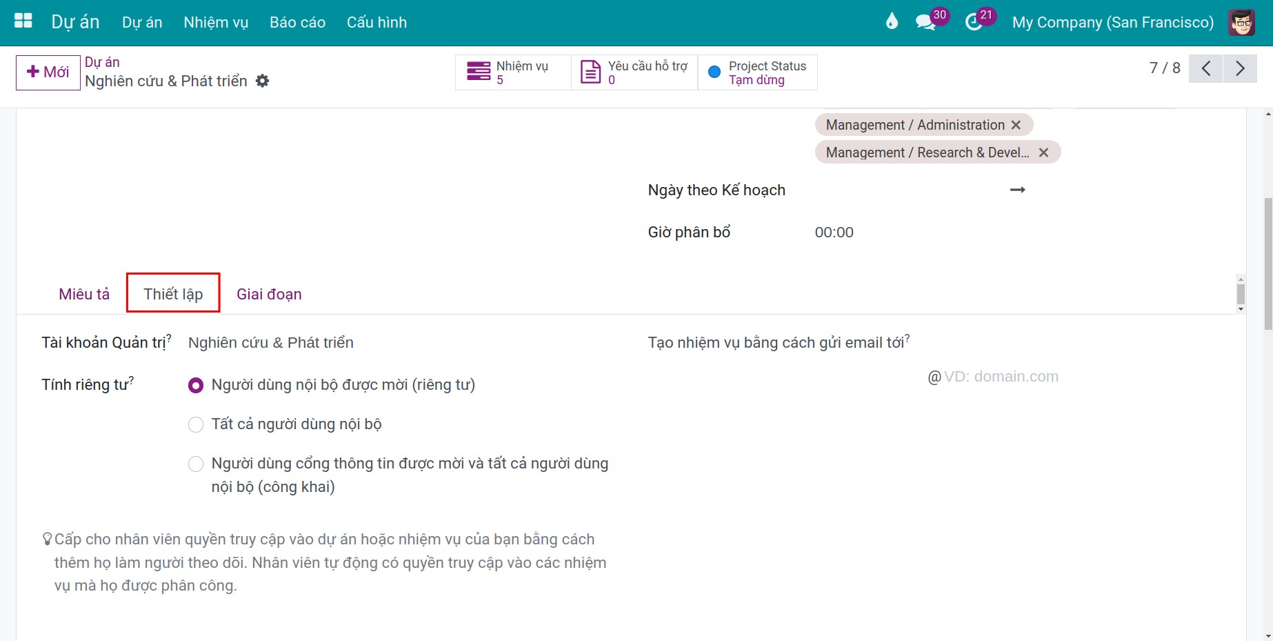 Thiết lập thông tin dự án Viindoo