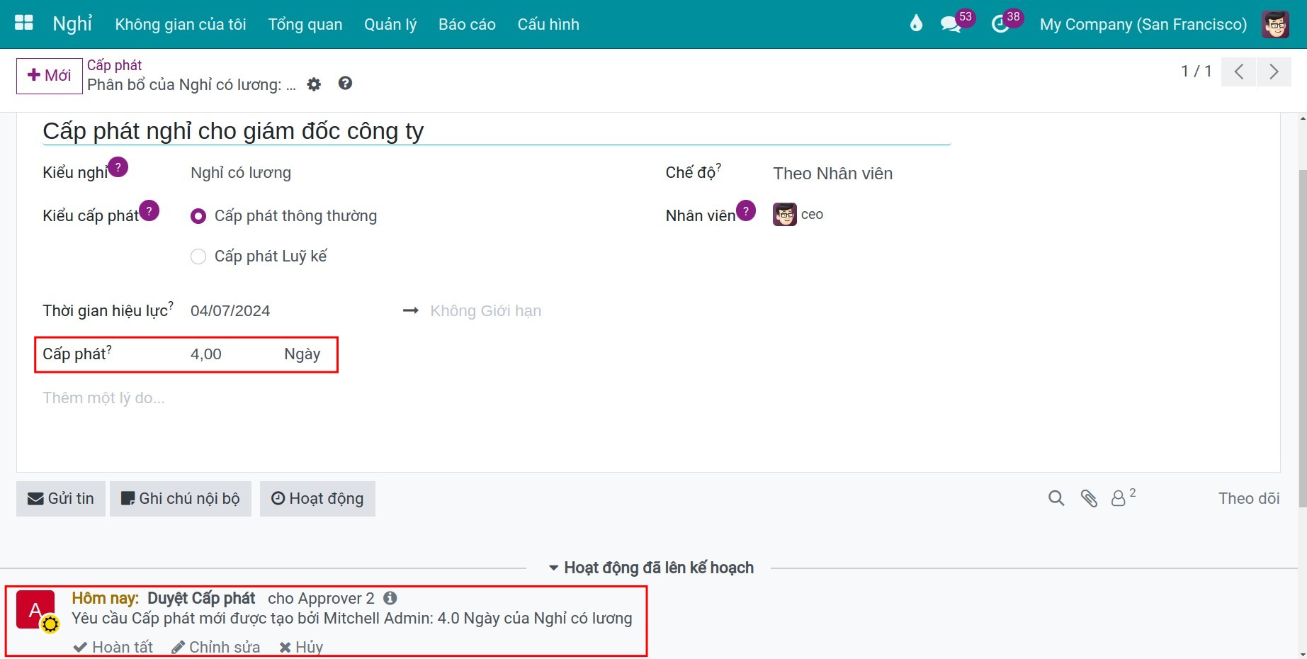 Hành động nhắc nhở phê duyệt cấp phát tại ứng dụng Nghỉ Viindoo