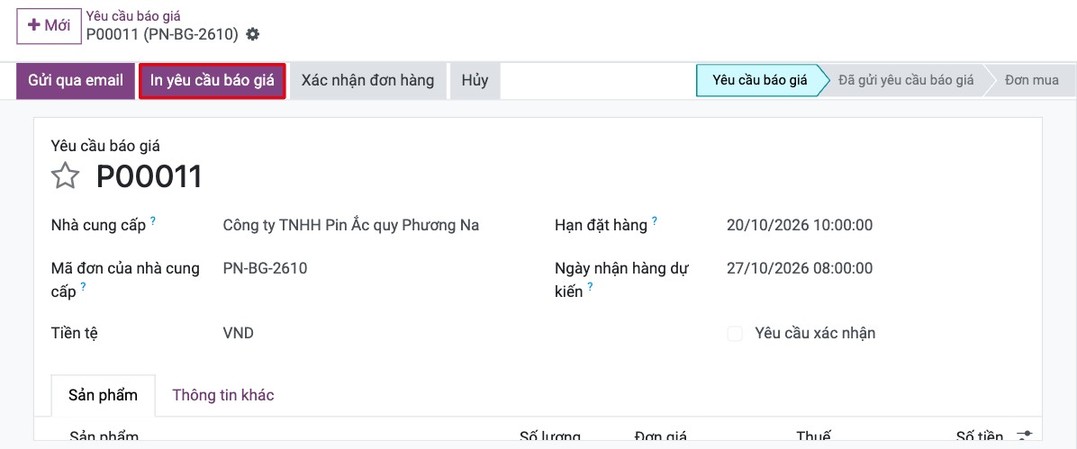 Nút In yêu cầu báo giá trên yêu cầu báo giá