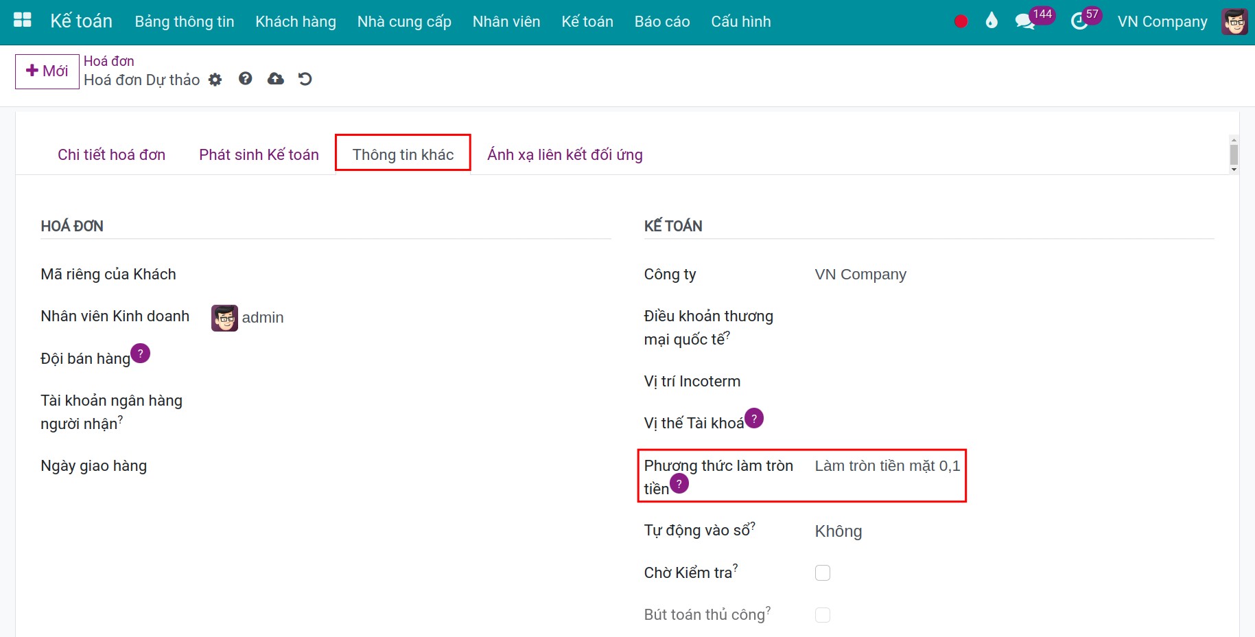 Áp dụng quy tắc làm tròn tiền mặt - Kế toán Viindoo