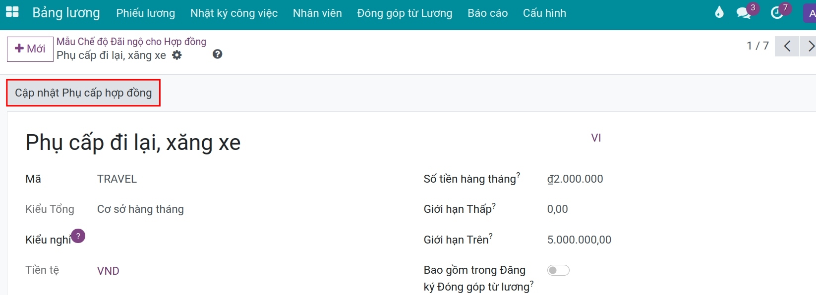 Cập nhật Phụ cấp hợp đồng