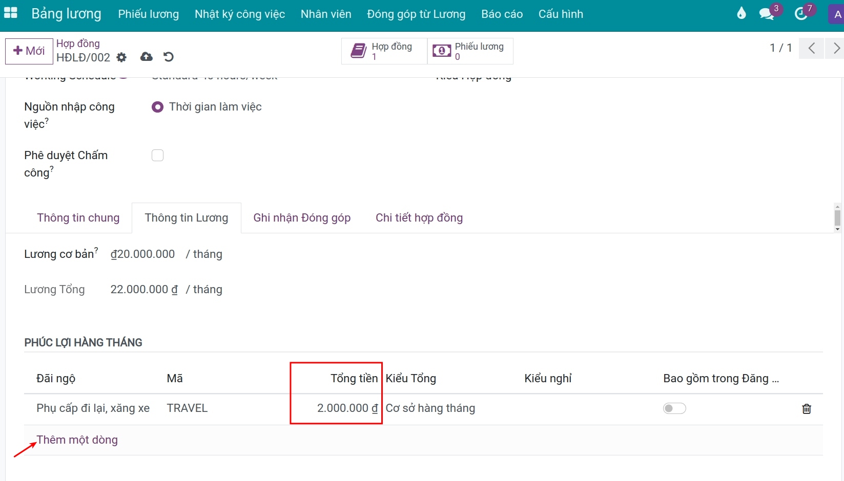 Áp dụng mức phụ cấp khi tạo hợp đồng