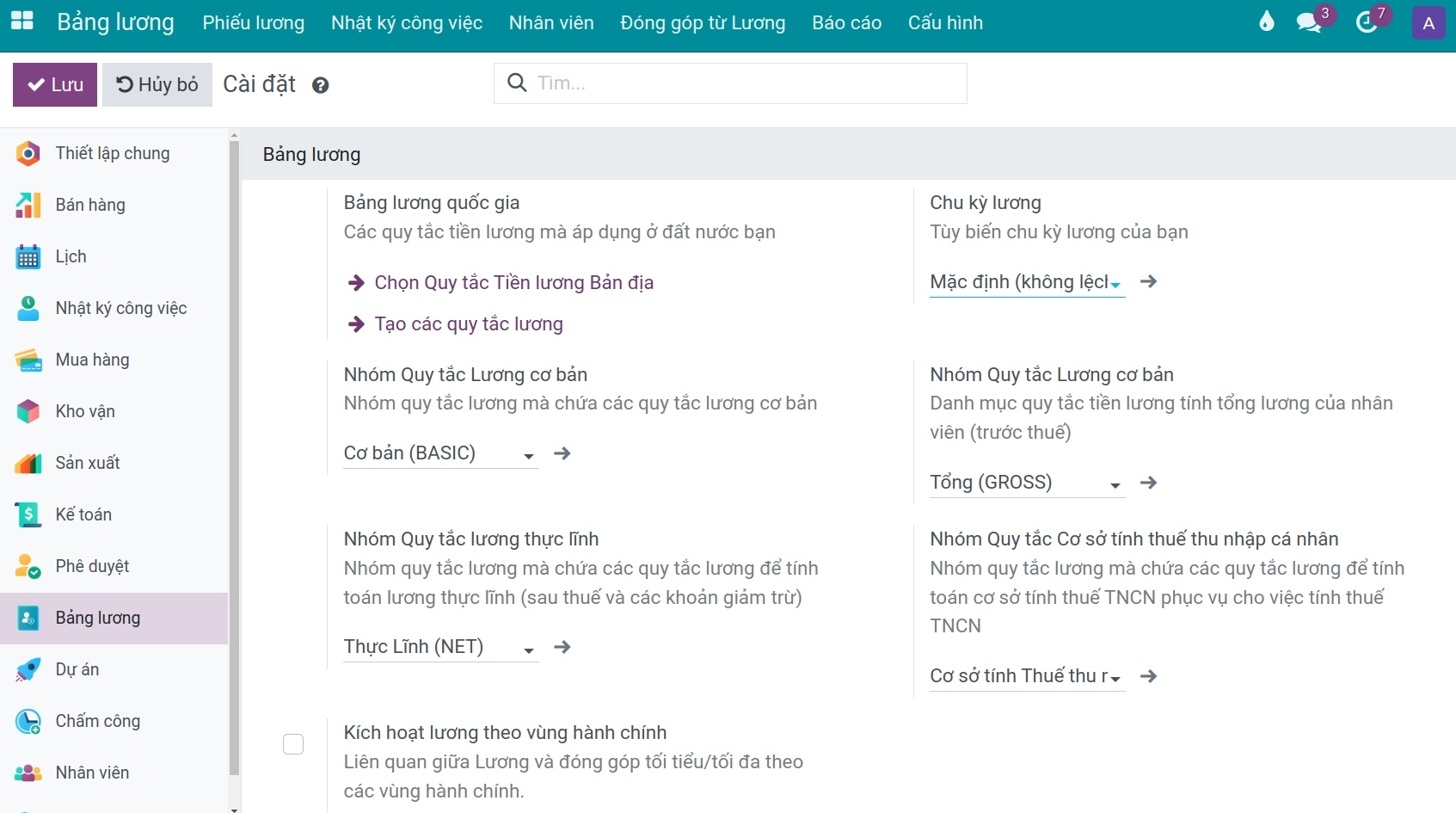 Bảng tính năng thiết lập cơ bản trong Bảng lương Viindoo