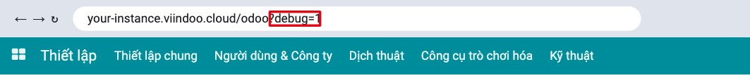 Thanh địa chỉ của hệ thống Viindoo có thêm ?debug=1 sau /odoo