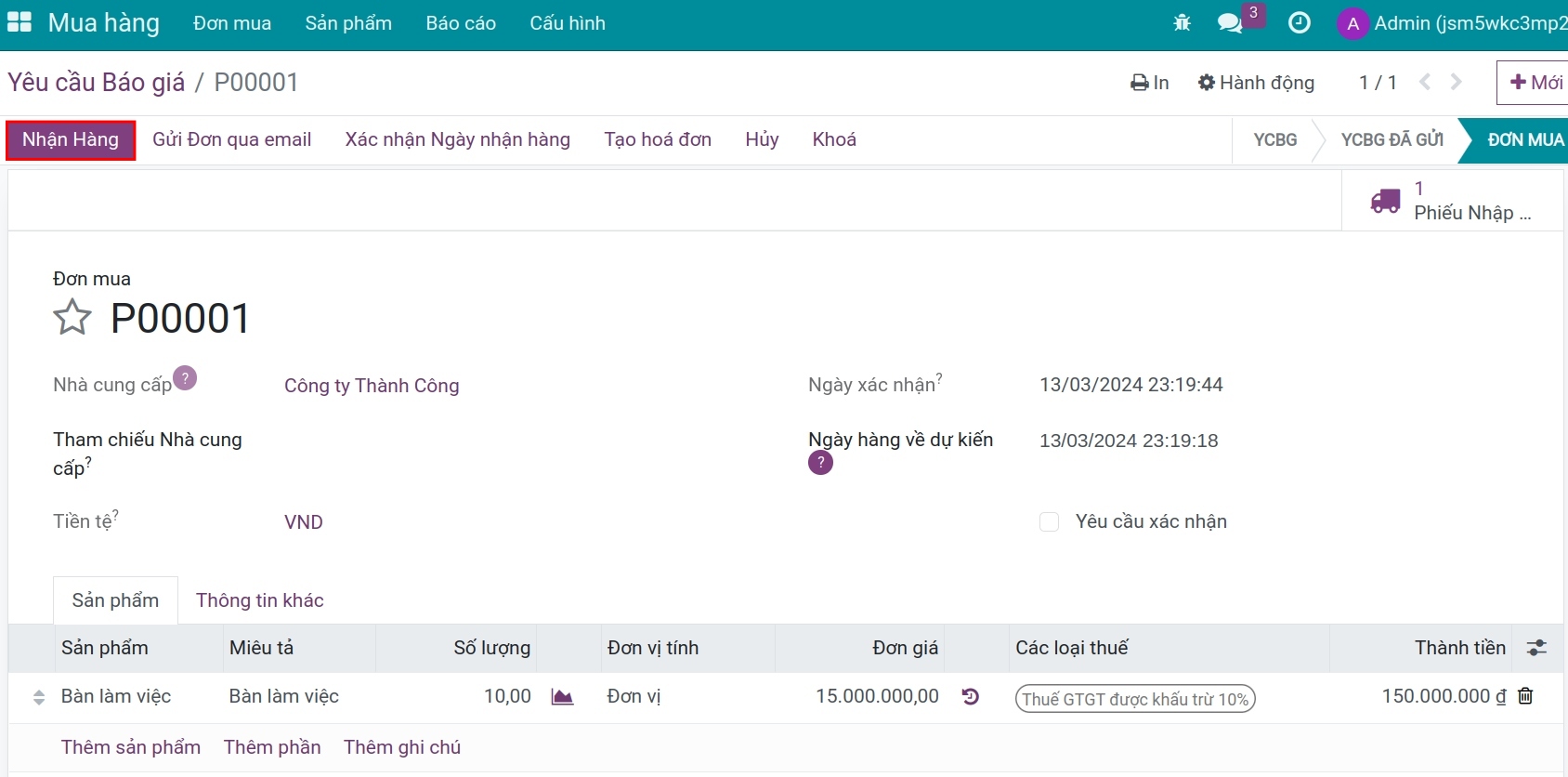 Nhận hàng trên đơn mua.