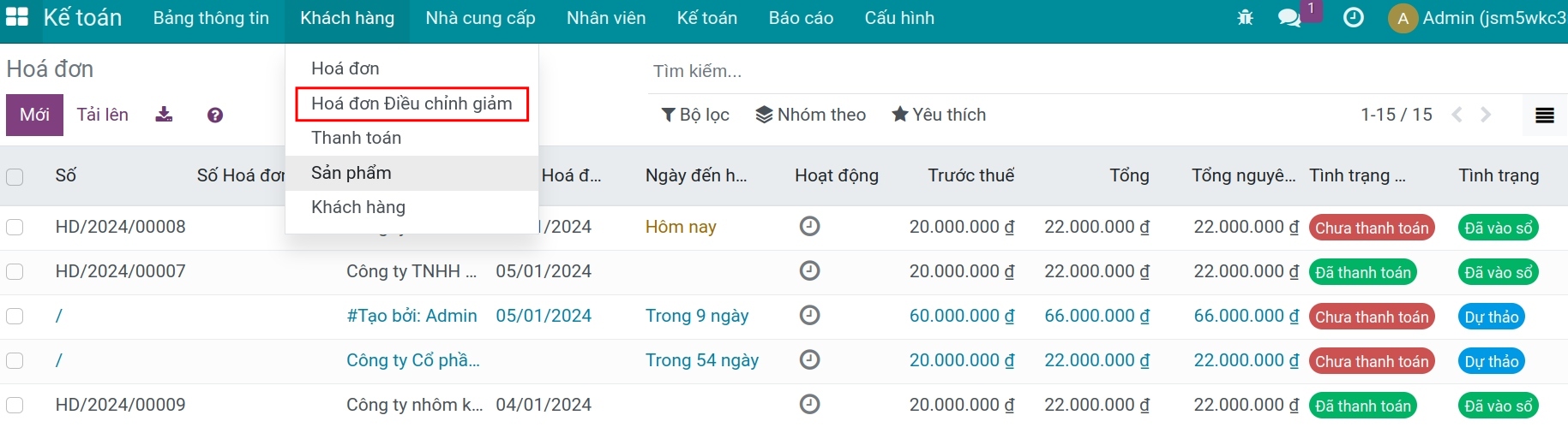 Tạo Hóa đơn Điều chỉnh giảm - kế toán Viindoo
