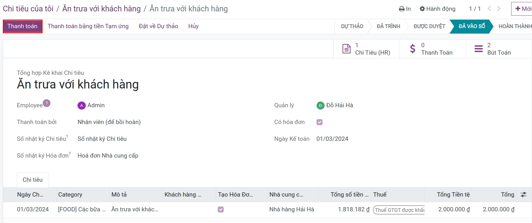 Ghi nhận thanh toán sau khi vào sổ