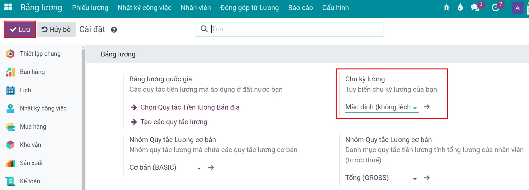 Thiết lập chu kỳ lương mặc định cho công ty